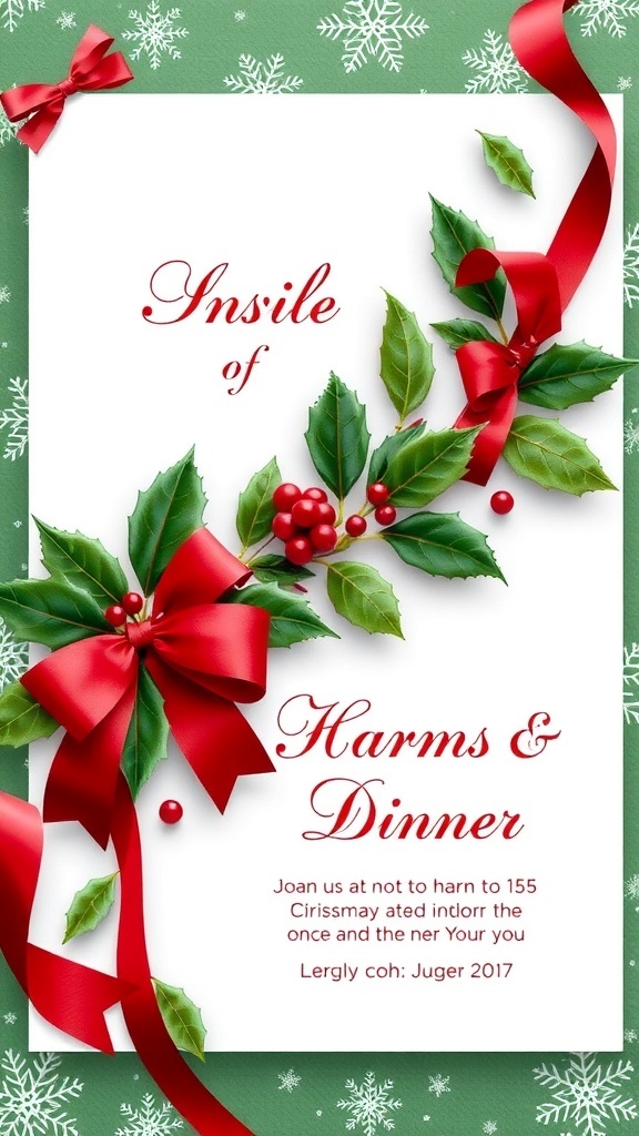 A festive Christmas dinner invitation with holly and snowflakes.